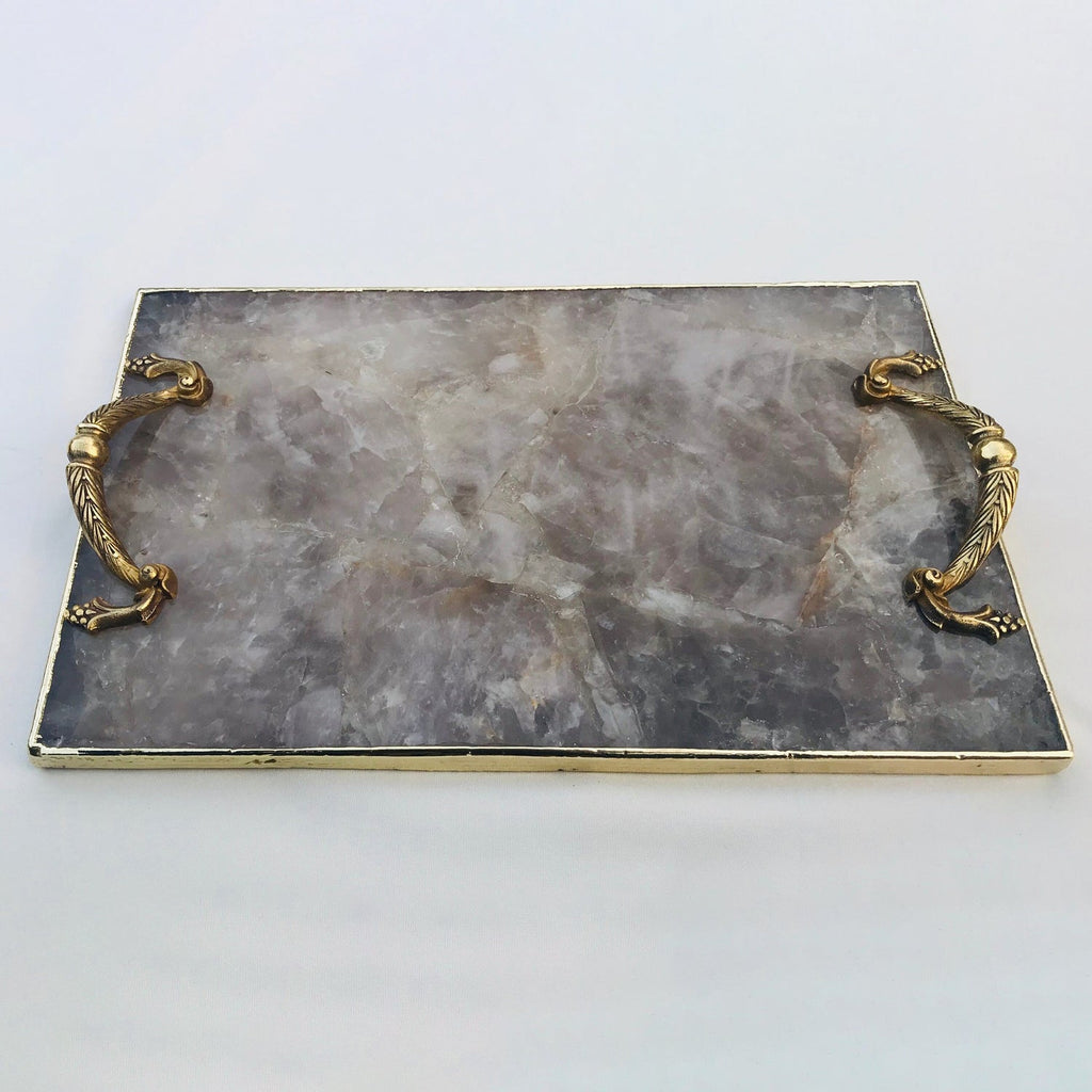 Smoky Quartz Agate Serving Tray With Brass Handles by The Tangerine Store