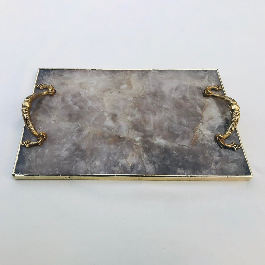 Smoky Quartz Agate Serving Tray With Brass Handles by The Tangerine Store