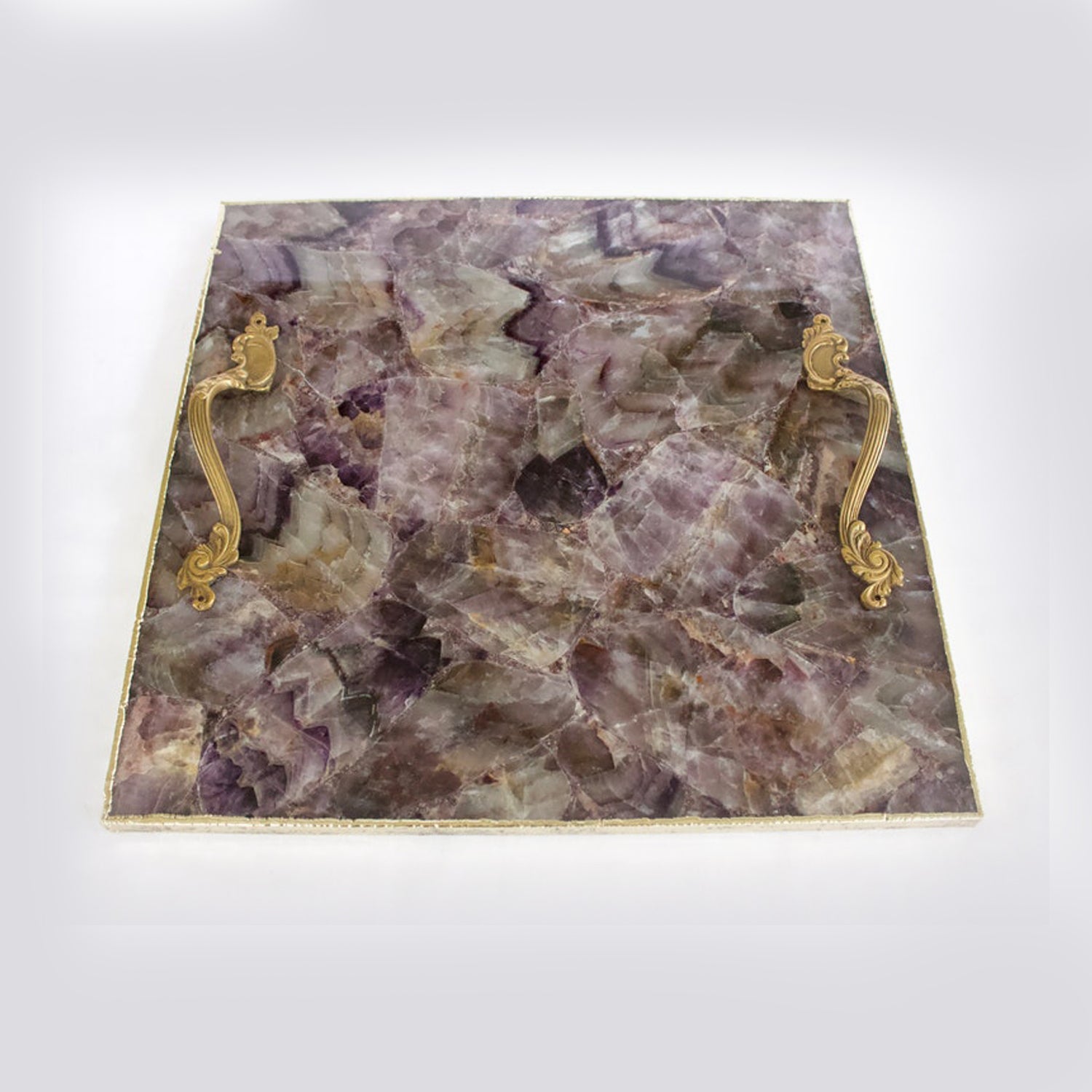 Amethyst Agate Serving Tray With Brass Handles | Square by The Tangerine Store