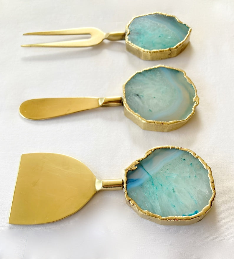Set of 3 Aqua Agate Cheese Knives/Spreaders by The Tangerine Store